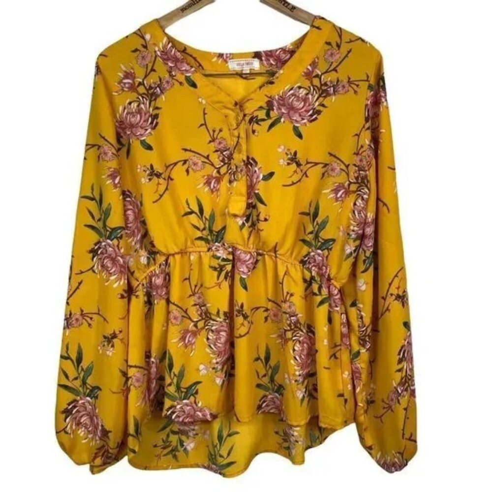 STELLA TWEED WOMEN'S BRIGHT YELLOW FLORAL LONG SLEEVE PEPLUM BLOUSE LARGE-EUC